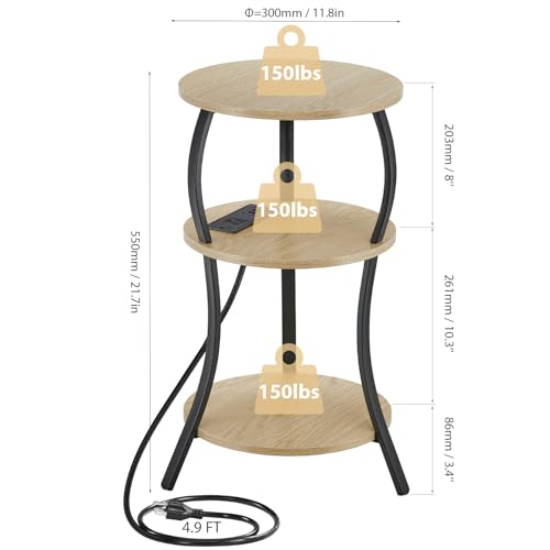 Small Round Side Table with Charging Station, 3-Tier Waist Circular End Table with Storage Shelf, Compact Tea Sofa Side Table Small Spaces, Round Corner Coffee Table for Living Room Bedroon,Oak - color: Oak, style: USB Charger