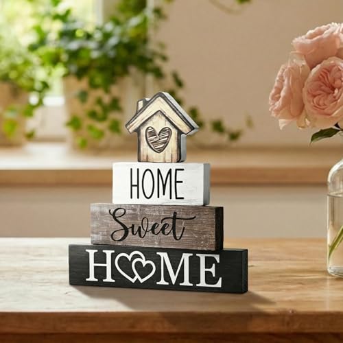 Smile 4 Pcs Farmhouse Wooden Tabletop Decor Home Tiered Tray Decoration, Rustic Retro Neutral Wood House-Shaped Block Sign, Centerpiece Suitable for Home Shelves Fireplace Mantels - style: Sweet House