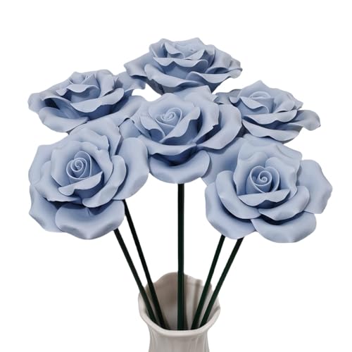 Handmade Porcelain 3D Ceramic Rose Flower, Eternal Flower Decoration for Home Office Decor, Creative Desktop vases, Porcelain Decorations, Exquisite, Set of 6 (Blue) - color: Blue