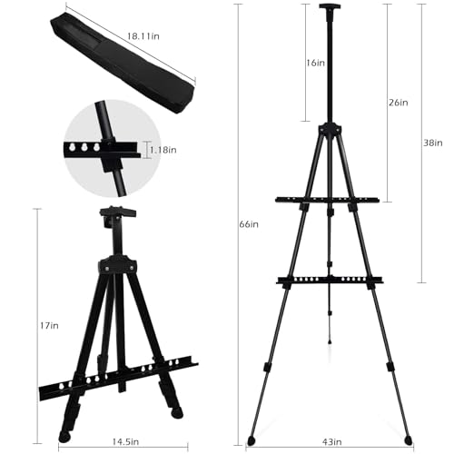 RRFTOK Easel Stand for Sign and Painting - Metal Tripod Adjustable Art Easels for Display Canvases Height from 17 to 66 Inch - Carry Bag for Table-Top/Floor Drawing and Displaying with Black - style: 66S Black 1-pack