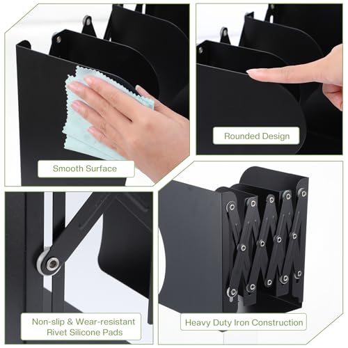 2PCS Heavy Duty Metal Bookends, Adjustable Book Organizer for Shelves & Desk with Non-Slip Pads, 3 Compartments, Extends up to 19 inches, Office & Home Use (Black)