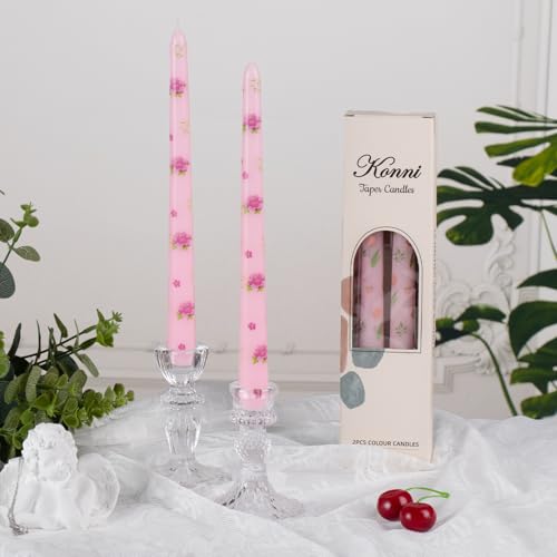 Taper Candles,10 inch 2pc Pink Tapered Candles with Peony Printed, Unscented and Smokeless Long Burning Candles,Tall Candlesticks with Cotton Wicks,Ideal for Weddings, Home Décor - style: Peony（2）