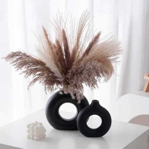 Black Ceramic Donut Vase Set of 2, Hollow Round Matte Pampas Flower Vases for Boho Home Wedding Party Room Dinner Table Shelf Decor.（Black） - color: Black, size: Donut Set of 2