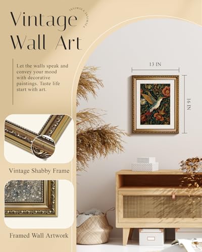 InSimSea Gold Picture Framed Wall Art, Living Room Vintage Moody Hummingbird Wall Decor, William Morris Botanical Canvas Print Art, Home Farmhouse Decor, Antique Paintings with Frame 13x16inch - color: Flower Bird, size: 16"L x 13"W