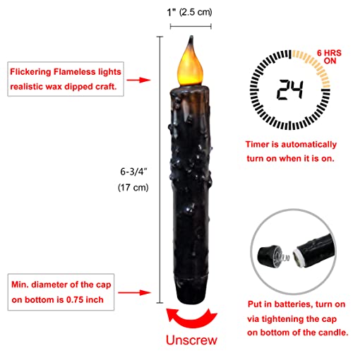CVHOMEDECO. Real Wax Hand Dipped Battery Operated LED Timer Taper Candles Country Primitive Flameless Lights Décor, 6-3/4 Inch, Matt Black, 3 PCS in a Package - color: Matt Black 3 Pcs