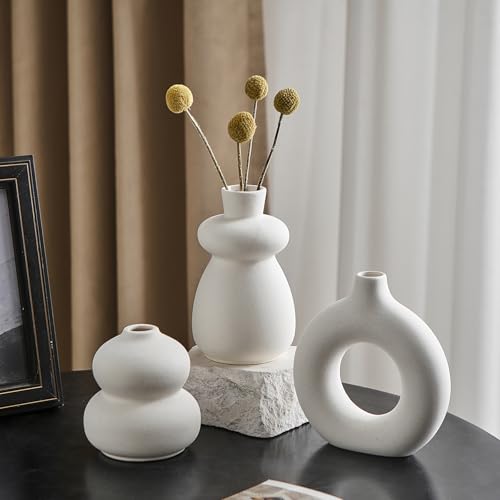 White Ceramic Vase Set of 3 Small Flower Vases for Home Decor, Modern BohoVase for Pampas Grass, Round Decorative Vases Table Centerpieces for Wedding Living Room Shelf Coffee Table (White Vase - A) - color: White Vase - a