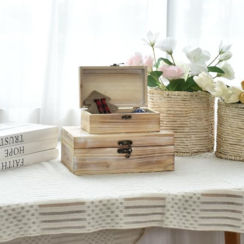 DECOR4SEASON Mandala Carved Wooden Box Set of 2, Rustic Decorative Storage Boxes with Metal Latch, Handcrafted Mandala Flower Design Keepsake Boxes for Jewelry, Photos, Home Decor, Coffee Table - color: Distressed Off-White, size: S&M