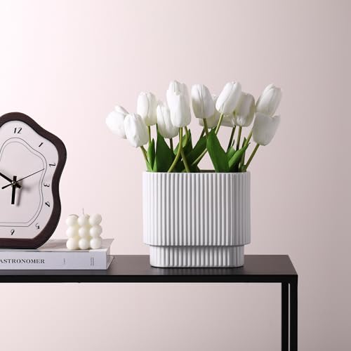 White Ceramic Flower Vase, Modern Decorative Vases for Decor, Ribbed Ceramic Vase, Rectangle Vases for Living Room, Office, Mantel, Wedding, Dinning Table, 7 Inches - color: White, size: Medium Rectangle