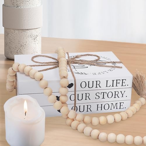 Decorative Books for Home Decor, Faux Books for Decoration, Rustic Farmhouse Decor, Fake Books with 52in Wood Beads Garland, Book Decor for Living Room Coffee Table (Our Life, Our Story, Our Home) - color: Our Life, Our Story, Our Home