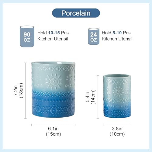 LOVECASA Utensil Holder, 7.2"+5.4" Ceramic Utensil Holder for Countertop, Large Cooking Utensil Crocks for Kitchen Counter, Farmhouse Utensil Vase for Housewarming, Kitchen Decor, Set of 2, Oceans - color: Oceans, size: 7.2"+5.4" (Set of 2)