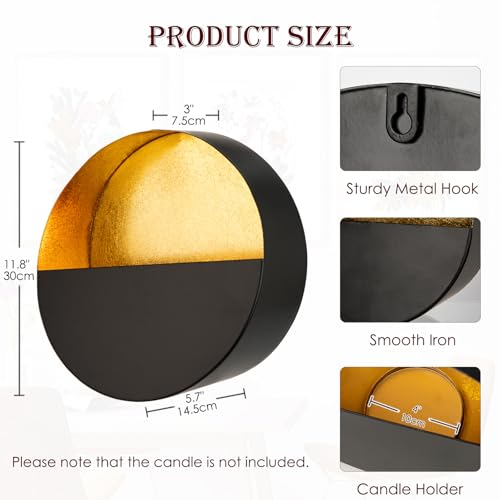 Luxury Metal Wall Candle Sconces – Large Handcrafted Wall-Mounted Tealight Candle Holders with Gold Leaf Interior – Modern & Rustic Home Décor for Living Room, Hallway – 11.8" Black Single Piece - color: Black, size: Large