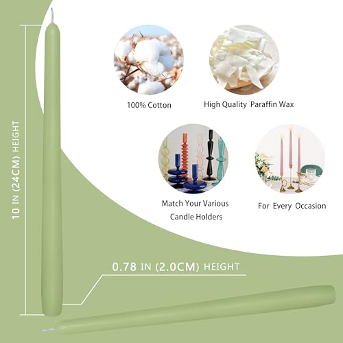 10 Inch Taper Candles Handmade Set of 4 – Unscented Tapered Candles in Sage Green, Candlesticks Smokeless Candle Sticks for Wedding, Home Decor, and Garden Parties - color: Green Cedar