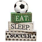 Yuntau 4 Pcs Soccer Wooden Tabletop Decor Soccer Tiered Tray Decor Rustic Wood Block Sign Gift Centerpiece Farmhouse Table Sign for Home Boys Room Office Shelf Birthday Party - style: Soccer
