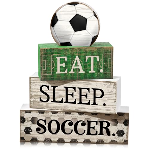 Yuntau 4 Pcs Soccer Wooden Tabletop Decor Soccer Tiered Tray Decor Rustic Wood Block Sign Gift Centerpiece Farmhouse Table Sign for Home Boys Room Office Shelf Birthday Party - style: Soccer