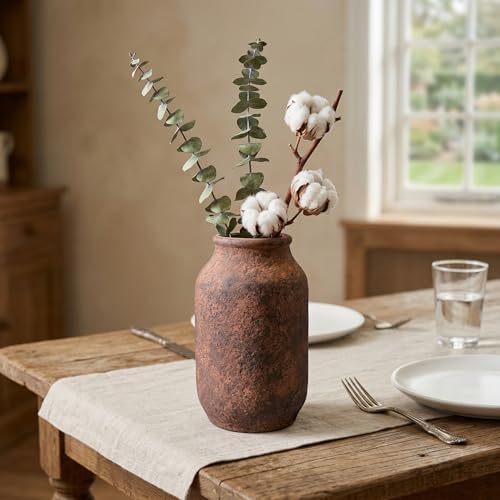 Terracotta Pottery Vase, 9 Inch Ceramic Decorative Flower Vases for Home Decor, Farmhouse Rustic Vase for Centerpieces, Living Room Entryway Table Mantle Decor, Brown