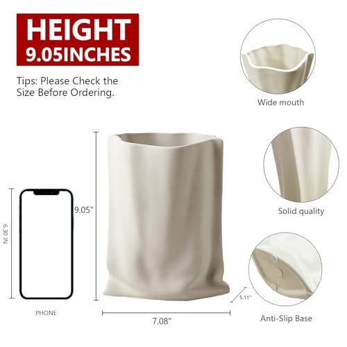 Relexome Ceramic Paper Bag Vase Crinkle Fold Flower Vases, Wabi-Sabi Minimalist Nordic Boho Ins Style for Centerpieces Living Room Office Bedroom Home Decor, Bouquet Gifts for Women Girl 9.1 Inches - color: White