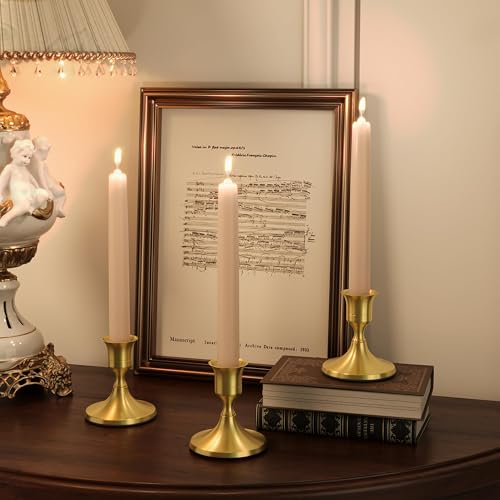 zeochyni Brass Gold Taper Candle Holders Set of 3, Vintage Metal Candlestick Holders for Dinner Room Table Centerpiece or Mantel Wedding Party Decor - color: Gold, size: Set of 3