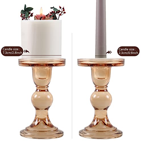 GMWD 3 Pcs Glass Candle Holder Set Clear, Amber Candlesticks Holders Pillar Taper Candles Tealight Stand for Wedding Centerpieces Home Decorations Dining Table - color: Amber