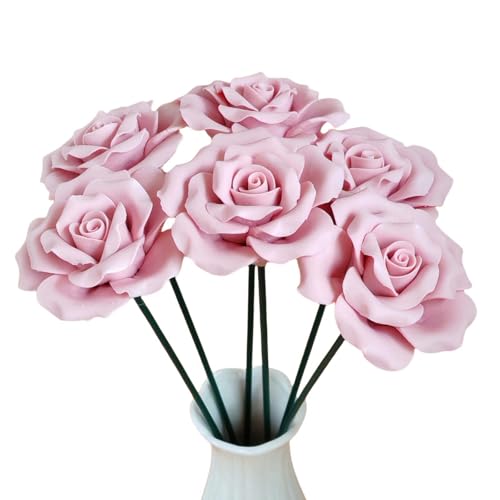 Handmade Porcelain 3D Ceramic Rose Flower, Eternal Flower Decoration for Home Office Decor, Creative Desktop vases, Porcelain Decorations, Exquisite, Set of 6 (Pink) - color: Pink