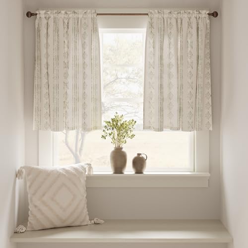 jinchan Boho Kitchen Curtains Linen Tier Curtains 24 Inches Bohemian Cafe Small Drapes Striped Mudcloth Farmhouse for Bathroom RV Camper Light Filtering Rod Pocket 2 Panels Green on Beige - color: Boho Green on Beige, size: 26"W x 24"L (Pack of 2)