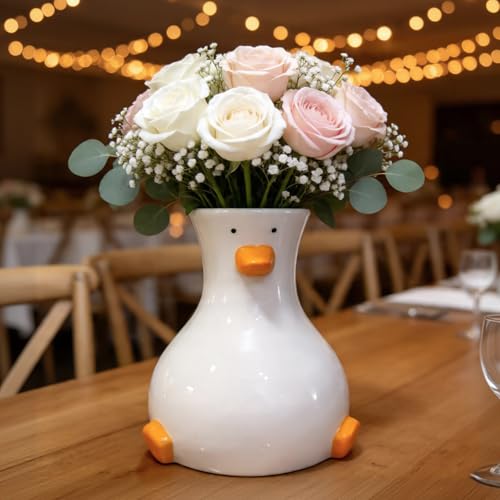 Tnstbiee Handcrafted White Ceramic Duck Vase - Cute Animal-Themed Round Table Vase | Trendy Funky Art Decor for Fresh Flowers, Utensils & Accessories | Handcrafted Gift for Home Bedroom Office Decor - color: Duck Vase
