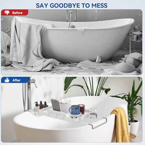 Bathtub Tray for Large Soaking Tub Table Tray Expandable Tub Shelf for Bathtub Caddy Bath Shelf Over Tub Luxury Bath Board Book Holder with Removable 2 Cup Holder Phone Metal Shower Caddy Basket White