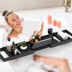 Domax Bathtub Caddy Tray Expandable Bamboo Tub Tray for Luxury Bath with Book Holder and Free Soap Dish Black - color: Black