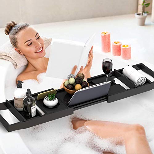 Domax Bathtub Caddy Tray Expandable Bamboo Tub Tray for Luxury Bath with Book Holder and Free Soap Dish Black - color: Black