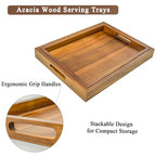 2 Sizes Acacia Wood Serving Tray with Handles, 17x13 & 16x12 inch Rectangular Ottoman Trays, Decorative Wooden Tray for Food, Drinks, Coffee Table, Living Room, Kitchen, Brown, 2 Pack
