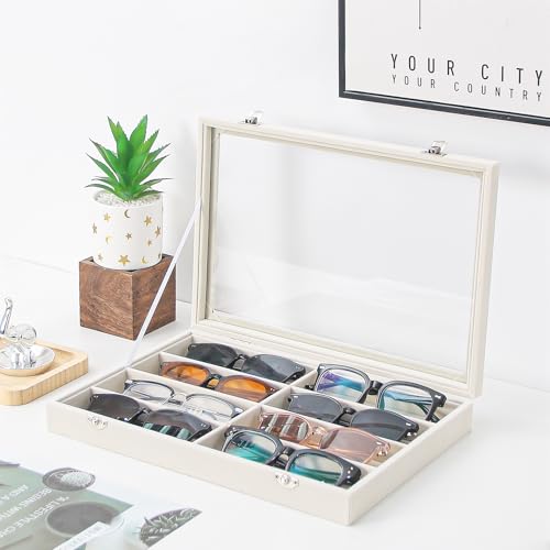 Coward Sunglass Organizer Tray Box, Beige Velvet Grids Eyeglasses Display Tray Case with Transparent Glass Lid for Home Use or Store Shop Selling Show - color: Beige Velvet, size: Sunglass Box
