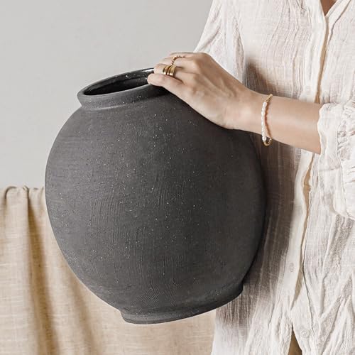 Ceramic Rustic Vase, 10.8 Inch Farmhouse Minimalist Tall Flower Vase for Table, Living Room, Home Decor, Bathroom, Holiday, Wedding, Set of 1,Sandstone Dark Grey - color: Sandstone Dark Grey, size: 10.8 inch