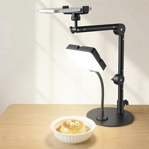 Yoobao Overhead Phone Mount for Desk, Selfie Light with Desk Mount, Rechargeable Selfie Light with Phone Holder for Video Recording, Meeting, Live Streaming TikTok YouTube