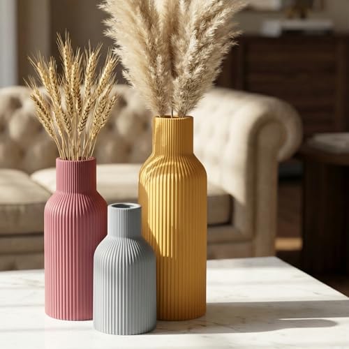 Ceramic Vase Set of 3, Modern Ribbed Boho Vases for Home Decor, Assorted Sizes Decorative Flower Vases for Pampas Grass, Dried Flowers,Shelf, Table Centerpiece - color: Mustard Yellow/Gray/Burgundy