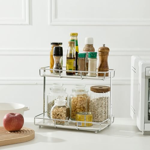 Bathroom Organizer Countertop Perfume Organizer Makeup Organizer Cosmetics Storage Display Rack Vanity Tray Dresser Stainless Steel Gold Shelf White Marble Ceramic Tray (2 Tier L-Sliver) | Perfume Organizer, Makeup Organizer, Cosmetics Storage, Vanity Tra