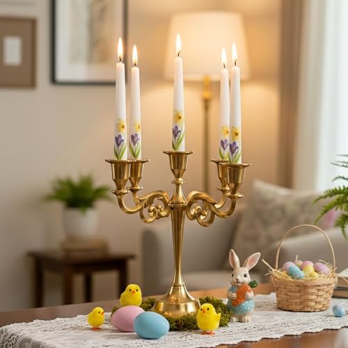 Rely+ 5 Arm Candelabra Taper Candle Holders Decorations Indoor Kitchen Décor Table Candles Candlestick Candelabra Centerpiece (Gold) - color: Gold, size: 5 Arm