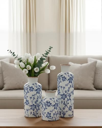 Ceramic Vase Set of 3, Vintage Ceramic Flower Vases, Crackle-Glaze & Distressed Rim, Blue Botanical Pattern, for Home Decor, Living Room Mantel & Dining Table Centerpiece - color: Blue