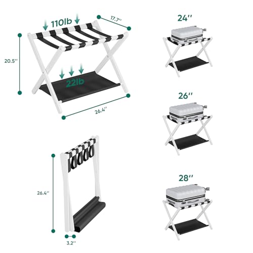 Smuxee White Bamboo Luggage Rack for Guest Room, Foldable Suitcase Stand with Storage Shelf, Easily Assembled Luggage Stand with 5 Nylon Straps for Guest Room Bedroom Hotel - color: White 1PCS