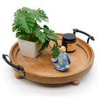 Wooden Decorative Tray for Coffee Table, Round Wood Serving Tray with Metal Handles, 13 Inch Rustic Wood Trays for Tale Centerpiece, Home Kitchen Farmhouse Decor