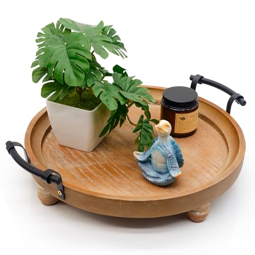 Wooden Decorative Tray for Coffee Table, Round Wood Serving Tray with Metal Handles, 13 Inch Rustic Wood Trays for Tale Centerpiece, Home Kitchen Farmhouse Decor