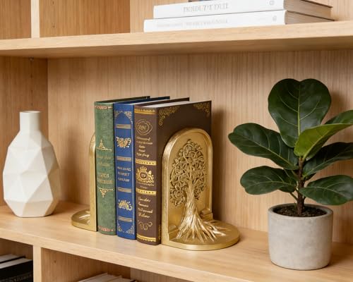 Tree of Life 3D Bookends with Intricate Details, Solid Resin Construction Non-Slip Design, Regal Gold Decor for Home Library, Office - color: Regal Gold