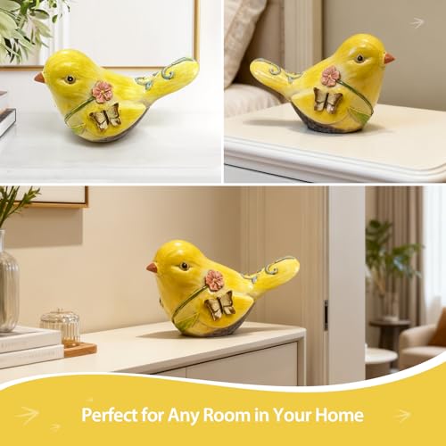 4.3 Inch Yellow Hand-Painted Resin Bird Figurine, Ceramic Look High-Gloss Bird Sculpture Decor for Home Shelf Living Room Tabletop, Ideal Spring Housewarming Birthday Gift - color: Yellow