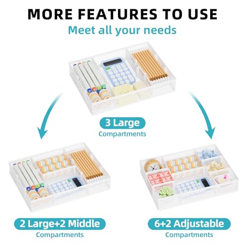 Marbrasse 2 Pack Desk Drawer Organizer, Mesh Drawer Organizer Tray with 8 Adjustable Compartments, Desk Organizers and Accessories, 5 Dividers for Office Supplies, Makeup & Vanity (White) - color: White