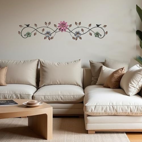 Birminwind Metal Flower Wall Art above Door: 3D Floral Wall Décor above Window with Bird Leaves - 32.28" Black and Gold French Country Decoration above Bed Couch Tv