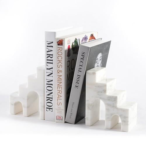 Decorative Natural Marble Book Ends for Shelves, Aesthetic Stone Bookends for Heavy Books, Unique Castle Book Holder/Stopper for Chic Home, Office, or Library Any Bookshelf Decor, Set of 2 (White) - color: Oriental Calacatta