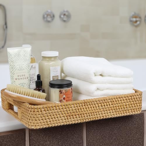 Rattan Serving Tray, Rectangle Coffee Table Tray with Handles, Decorative Ottoman Tea Tray Wicker Basket for Coffee, Bread, Fruits, Snacks, Breakfast, Drinks, Table Decor - size: 15" x 10.2" x 2.6"