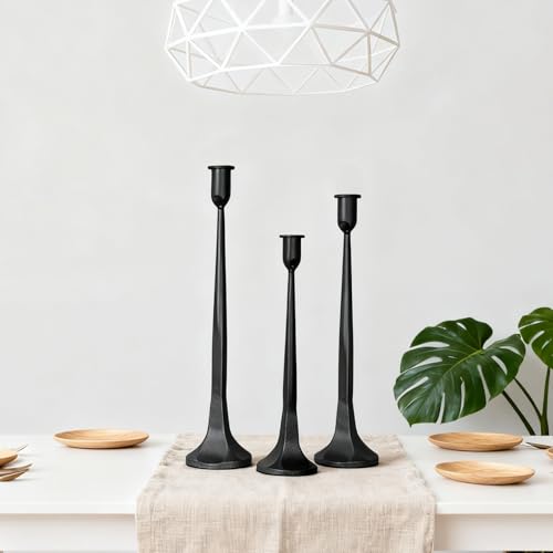 Set of 3 Black Iron Candlestick Holders – Tapered Candle Holders for 3/4" Candles, Tall Candle Stick Set for Dining Table, Wedding, and Home Décor - color: Black