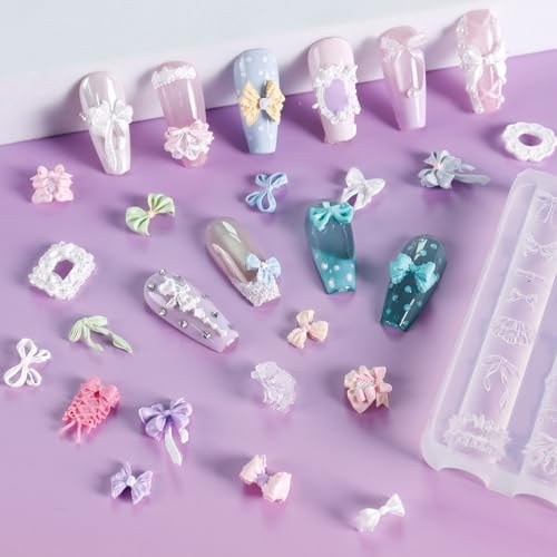 Laza 4pcs Silk Bowknot Silicone Nail Art Molds, Acrylic 3D Bowknot Nail Charms Molds Clear Modeling Templates Silicone Bow Pattern Nail Tools with Sculpture Pen for Salon Nail Design Resin Epoxy DIY - color: Silk Bowknot
