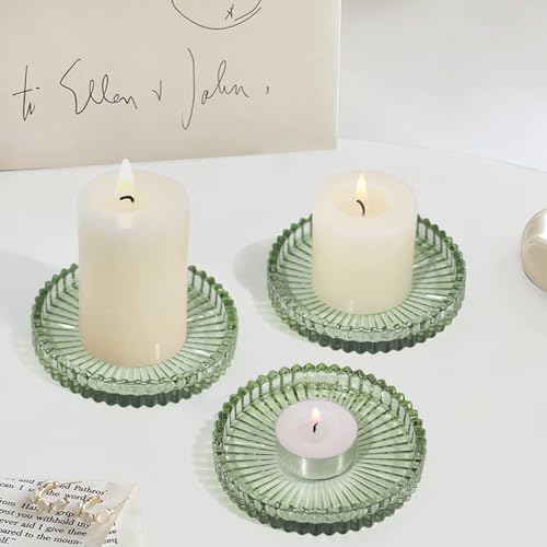 Glass Pillar Candle Holder, 4" Green Candle Plates Set of 3, Glass Candle Holders for Wedding, Party, Holiday, Home Decor, Table Centerpiece - color: Green, size: 3 pcs