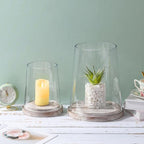 Set of 2 Glass Hurricane Candle Holders with Handmade Sturdy Glass Sleeves and Shabby Brown Wood Base for Pillar Candle & Plants, Industrial, Farmhouse, Display Cloche Bell Jars, Table Centerpiece - color: Rustic Brown, size: Set of 2