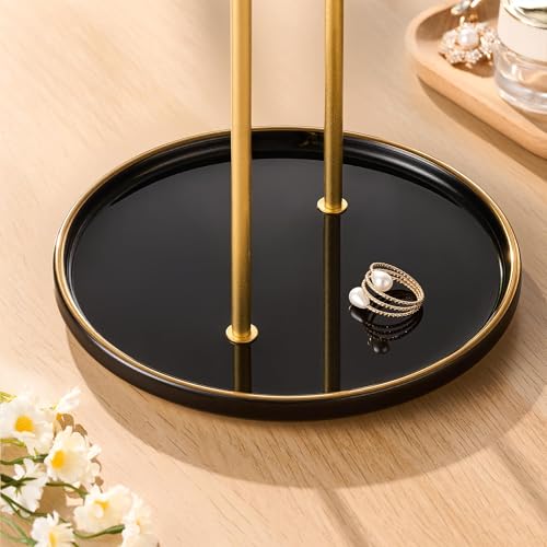 Gold Jewelry Holder Stand with Ceramic Tray: Small Hanging Necklace Organizer Tree for Earrings, Bracelets, Rings – Jewelry Display Hanger for Women & Girls, Black - color: black tray gold bar